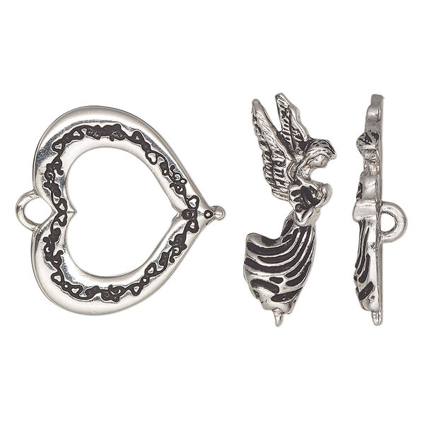 Clasp, toggle, antique silver plate "pewter" (zinc-based alloy), 23x21mm heart with angel bar. Sold individually. image number 0