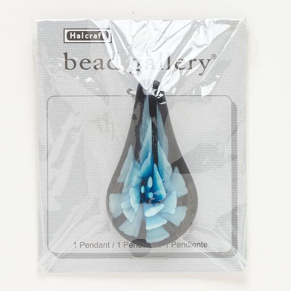 Focal, lampworked glass, black and blue, 56x29mm-58x32mm spoon with flower. Sold individually. image number 0