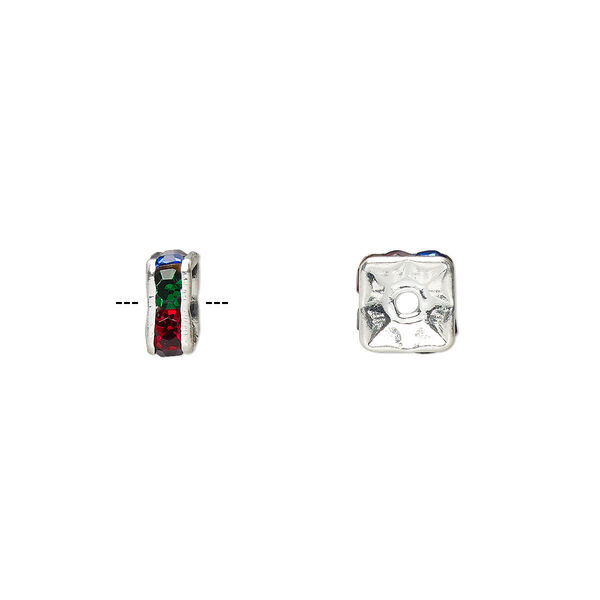 Bead, glass rhinestone and silver-plated brass, multicolored dark, 6x3mm squaredelle. Sold per pkg of 10. image number 0