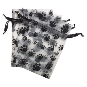 Pouch, satin and flocked organza, grey and black, 7x5-inch rectangle with paw prints design and drawstring. Sold per pkg of 3.