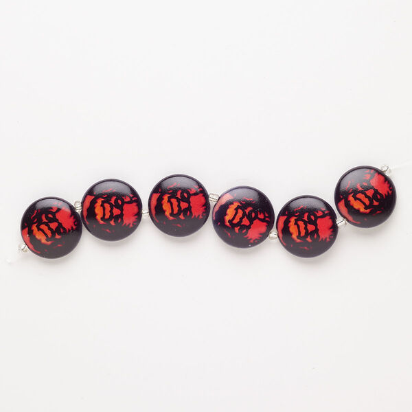Bead, resin, pkg/6, 24mm puffed flat round with 24-25mm, black and orange. image number 0