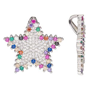 Pendant, cubic zirconia and silver-finished brass, multicolored, 25x23.5mm single-sided star with hidden bail. Sold individually.