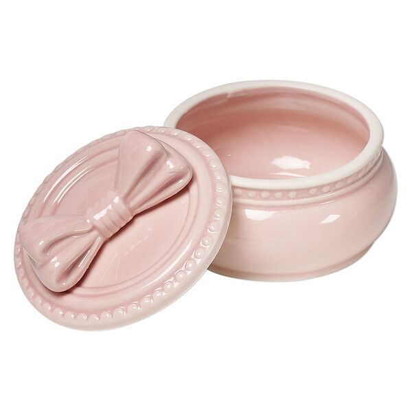 Trinket box, porcelain, pink and white, 3-1/2 inch round with bow. Sold individually. image number 0
