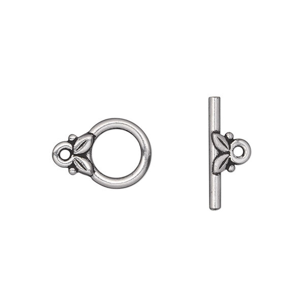 Clasp, TierraCast®, toggle, antique silver-plated pewter (tin-based alloy), 11.5mm round with leaves. Sold per pkg of 10. image number 0
