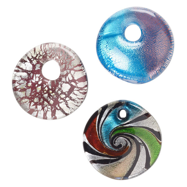 Random focal mix, lampworked glass, pkg/3, opaque mixed colors with silver-colored foil and copper-colored glitter, 38-40mm top-drilled wavy round. image number 0