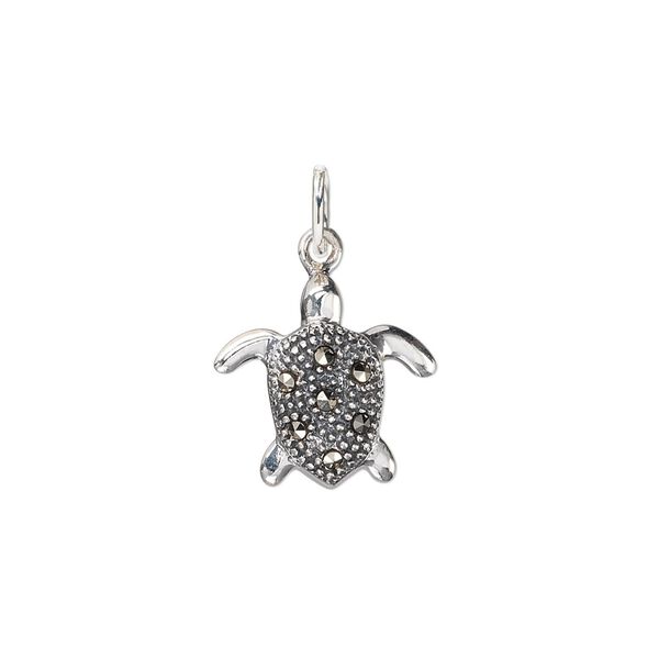 Charm, Signity® marcasite (natural) and sterling silver, 15x14mm sea turtle. Sold individually. image number 0