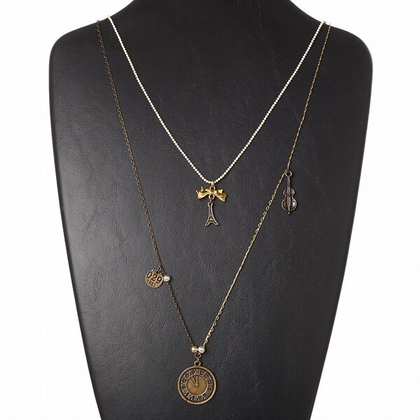 Necklace, 2-strand, brass / silver- / gold- / antiqued brass-finished "pewter" (zinc-based alloy) /antiqued brass-finished steel, white, 26mm clock, 24 inches with 2-inch extender chain and lobster claw clasp. Sold individually. image number 0