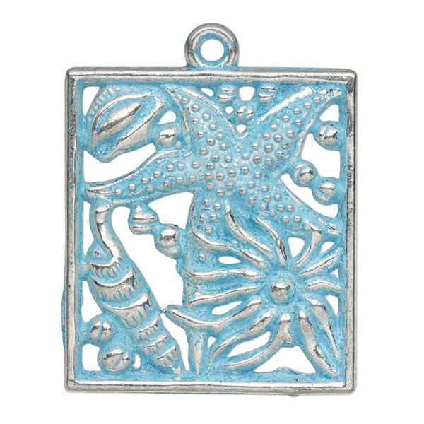 Focal, antique silver-finished pewter (tin-based alloy), blue patina, 34x31mm single-sided flat rectangle with sea life and cutout design. Sold per pkg of 4. image number 0