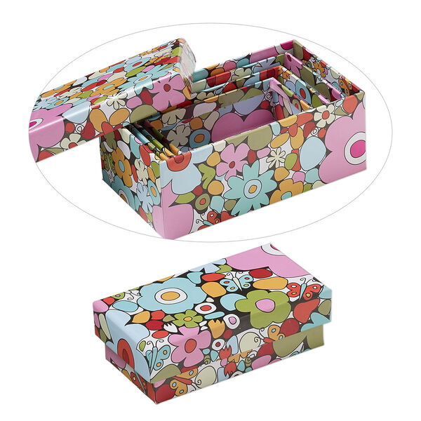 Nesting box, acid-free paper and cardboard, multicolored, 3-1/2 x 2 x 1-1/4 to 5-1/4 x 3-1/4 x 2-inch rectangle with flower and butterfly design. Sold per 4-box set. image number 0
