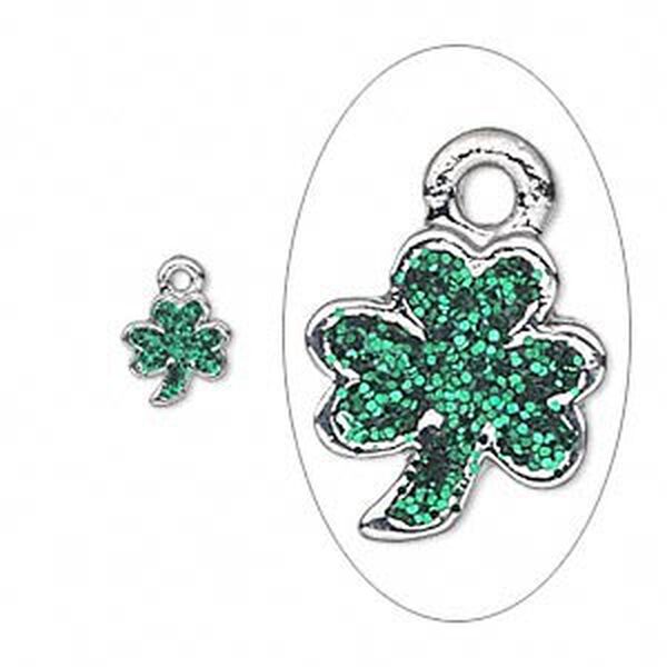 Charm, enamel and silver-plated "pewter" (zinc-based alloy), green with glitter, 8x7mm single-sided 3-leaf clover. Sold per pkg of 6. image number 0