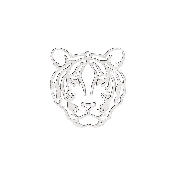 Charm, Lazer Lace™, stainless steel, 20x19mm single-sided domed tiger. Sold per pkg of 4. image number 0