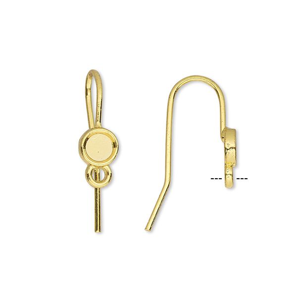 Ear wire fishhook 1pkg10, 14mm / 4mm round glue-in cab setting / closed loop, 18 gauge gold-finished brass 5 pair image number 0