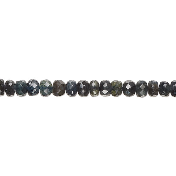 Bead, green sapphire (heated), 4x2mm-5x4mm hand-cut faceted rondelle, C grade, Mohs hardness 9. Sold per 14-inch strand, approximately 130 beads. image number 0