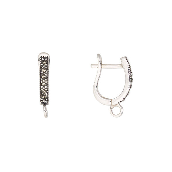 Ear wire, marcasite (natural) and antiqued sterling silver, 16mm hinged leverback with open loop. Sold per pair. image number 0