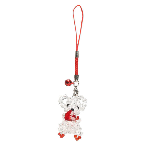 Zipper pull, nylon / glass / steel / aluminum / "pewter" (zinc-based alloy), red / clear / black, 5 inches with 6mm bell and 40x21mm mouse with lobster claw clasp. Sold individually. image number 0
