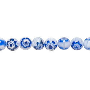Bead, millefiori glass 1pkg1, translucent white and cobalt blue, 6mm round, 15 inches.