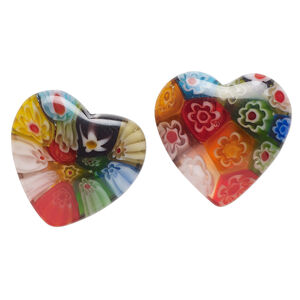 Bead, millefiori glass, translucent multicolored, 18-20mm half-drilled puffed heart with flower design. Sold per pkg of 2.