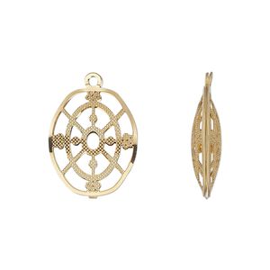 Drop, gold-finished stainless steel, 18x14.5mm double-sided domed oval with textured cut-out cutout design. Sold per pkg of 6.