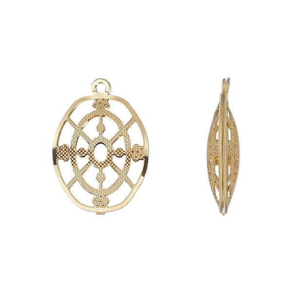 Drop, gold-finished stainless steel, 18x14.5mm double-sided domed oval with textured cut-out cutout design. Sold per pkg of 6. image number 0