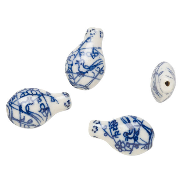 Bead, porcelain, blue and white, 25x15mm-26x16mm puffed vase with bird and flower design. Sold per pkg of 4. image number 0