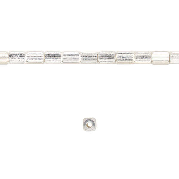Bead, silver-finished "pewter" (zinc-based alloy), 4x3mm rounded cube. Sold per 8-inch strand. image number 0