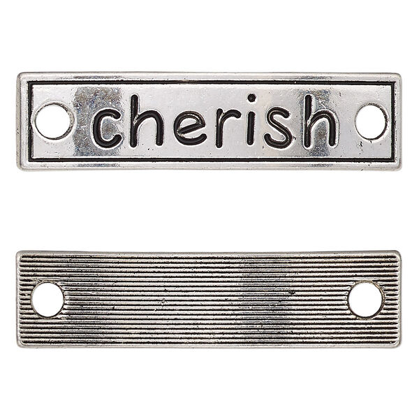 Link, antique silver-finished "pewter" (zinc-based alloy), 40x10mm single-sided curved flat rectangle with "cherish." Sold per pkg of 2. image number 0