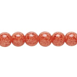 Bead, glass, opaque red / brown / white, 7-8mm round with random spotted pattern. Sold per 15-1/2" to 16" strand.