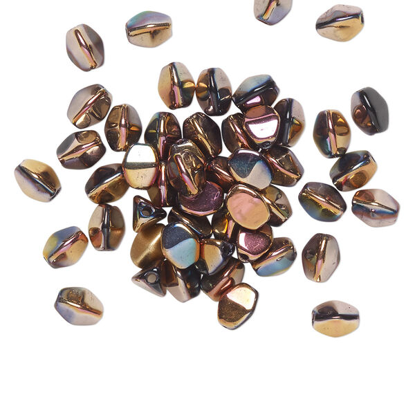 Bead, Preciosa, Czech pressed glass, opaque jet half-coated pale rose copper, 5x4mm buckwheat. Sold per pkg of 50. image number 0