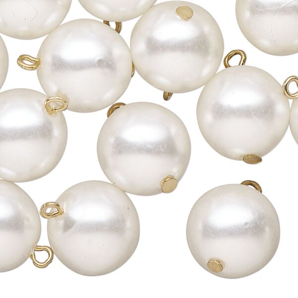 Drop, antique gold-finished "pewter" (zinc-based alloy) and acrylic pearl, white, 14mm round. Sold per pkg of 100. image number 0