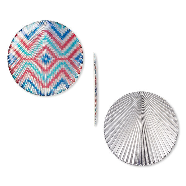 Focal, resin and silver-plated steel, red / light blue / dark blue, 40mm single-sided round with zigzag pattern and textured back. Sold individually. image number 0