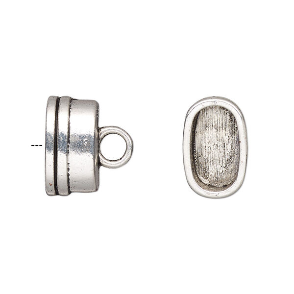 Cord end, glue-in, antique silver-finished "pewter" (zinc-based alloy), 15x9.5x8mm oval, 12.5x7mm inside diameter. Sold per pkg of 4. image number 0