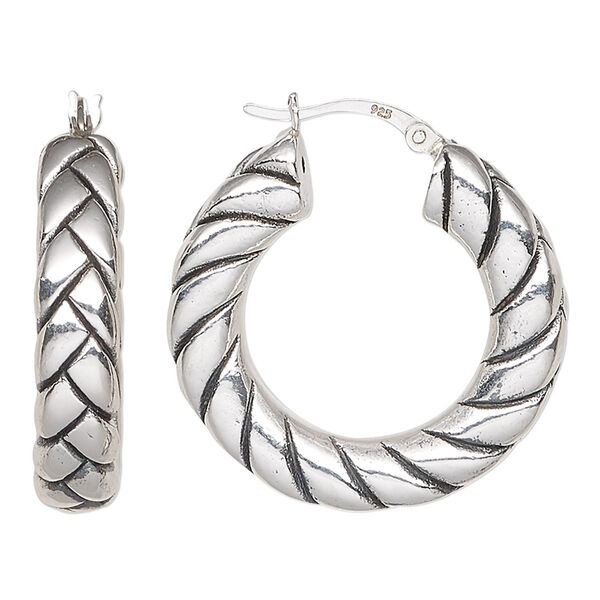 Earring, antiqued sterling silver, electroformed, 30mm braided hoop with latch-back closure. Sold per pair. image number 0