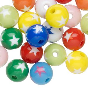Bead mix, resin, mixed colors, 11mm round with star design. Sold per pkg of 20.