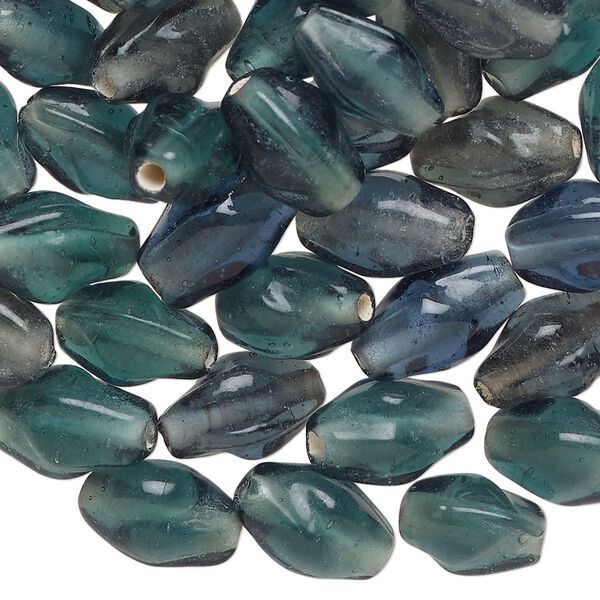 Bead, lampworked glass, translucent steel blue, 12x8mm-13x9mm twisted double cone. Sold per 2-ounce pkg, approximately 75 beads. image number 0