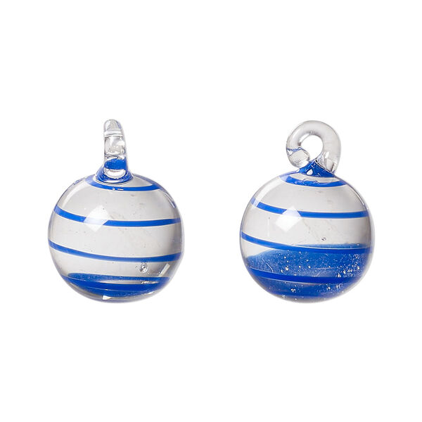 Drop, lampworked glass, blue and clear, swirl, 14mm round. Sold per pkg of 2. image number 0