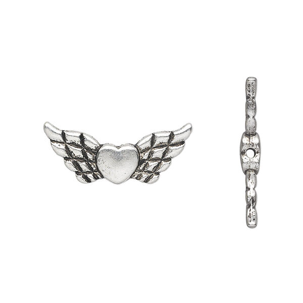 Bead, antique silver-plated "pewter" (zinc-based alloy), 22x9mm double-sided angel wings with heart. Sold per pkg of 20. image number 0