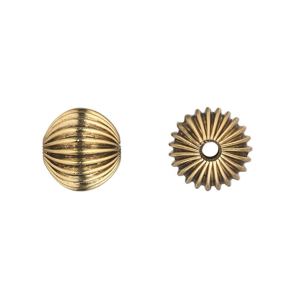 Bead, antique gold-finished "pewter" (zinc-based alloy), 12mm hollow corrugated round. Sold per pkg of 10. image number 0