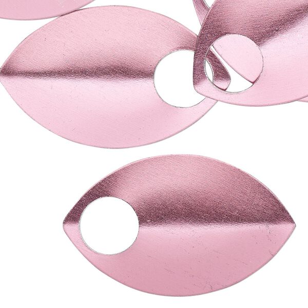 Component, anodized aluminum, pink, 36x22mm 2-sided curved scale blank with 8mm hole, 20 gauge. Sold per pkg of 20. image number 0