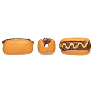 Bead, painted and glazed ceramic, light brown / dark brown / yellow, 13x7mm 3D hot dog. Sold per pkg of 2.