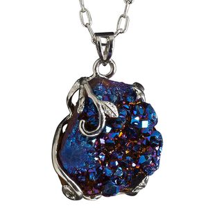Necklace, electroplated druzy agate (coated) and imitation rhodium-plated brass, blue, 30x20mm-38x28mm hand-cut wire-wrapped freeform, 20 inches with 2-1/2 inch extender chain and lobster claw clasp. Sold individually.