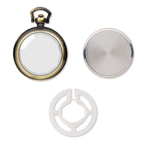 Watch body, glass / stainless steel / antique brass-plated "pewter" (zinc-based alloy), 54x40mm round. Sold per 4-piece set.