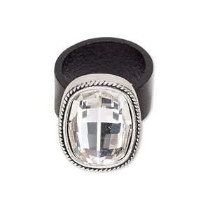 Ring, leather / glass / antiqued silver-finished "pewter" (zinc-based alloy), black and clear, 23x18mm oval, size 9. Sold individually.