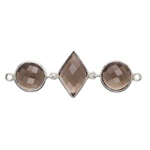 Link, smoky quartz (heated / irradiated) and sterling silver, 40x16mm single-sided with 11mm faceted round and 16x11mm faceted diamond. Sold individually.