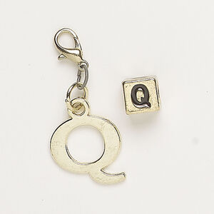 Bead and charm 1pkg2, antique gold-finished "pewter" (zinc alloy) / steel / enamel, black, 7mm cube with alphabet letter "Q" and 16x15mm alphabet letter "Q" with lobster claw clasp.