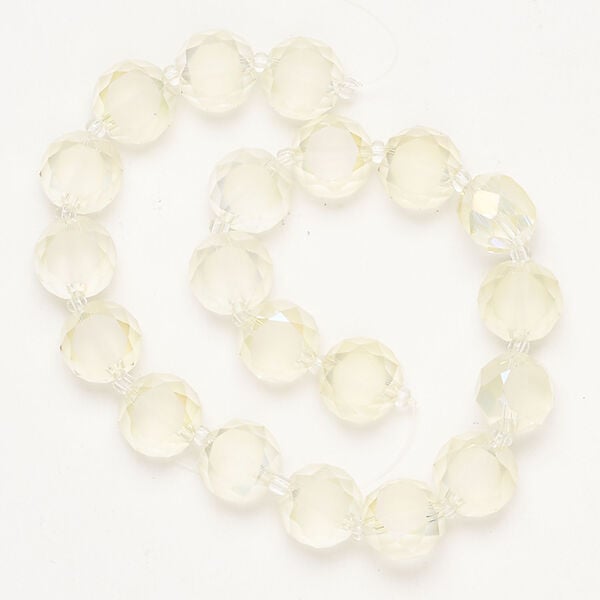 Bead 1pkg20, glass, translucent light yellow, 10mm frosted faceted flat puffed round. image number 0