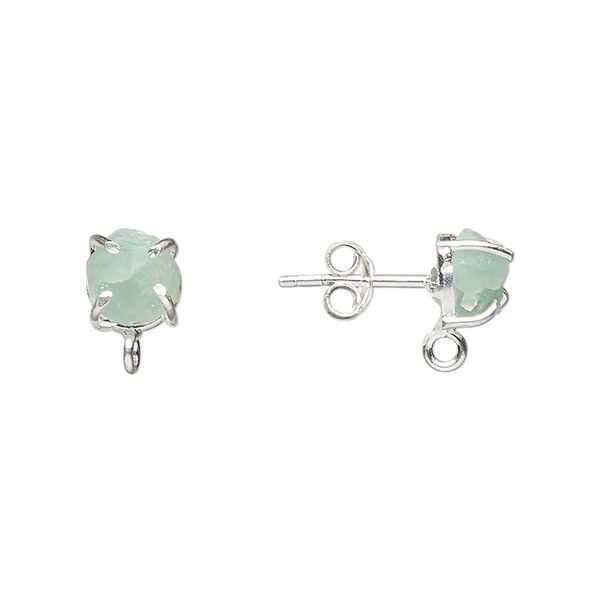 Ear stud, sterling silver and aquamarine (heated), 5-7mm rough nugget with closed loop. Sold per pair. image number 0