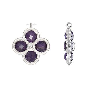 Drop, amethyst (natural) / cubic zirconia / sterling silver, clear, 19mm double-sided faceted flower. Sold individually.