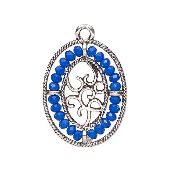 Drop, antique silver-finished "pewter" (zinc-based alloy), cobalt blue, 28x21.5mm oval with hearts and beaded border. Sold per pkg of 2. image number 0