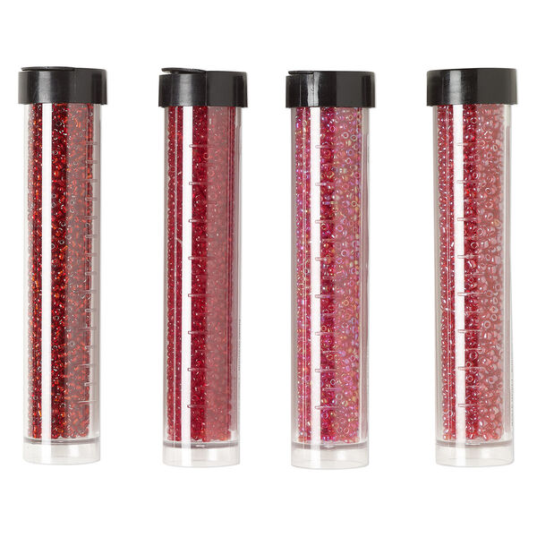 Seed bead assortment, Ming Tree™, glass, pkg/(4) 4 x 3/4 inch vials, #11 round, translucent and transparent silver-lined rainbow ruby red. image number 0