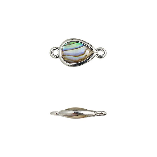 Link, paua shell and imitation rhodium-finished brass (assembled), 10.5x7mm-11.5x8mm double-sided teardrop. Sold per pkg of 4. image number 0